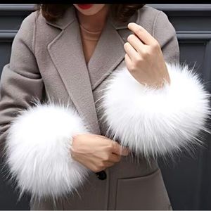Faux Fur Wrist Warmers. White
